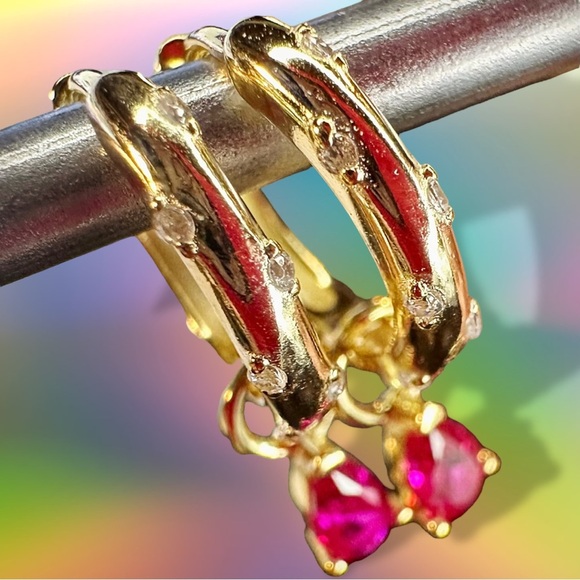 NEW 14K Yellow Gold-Plated White Crystal CZ Encrusted Huggie Hoops w Ruby Dangle - Picture 12 of 16